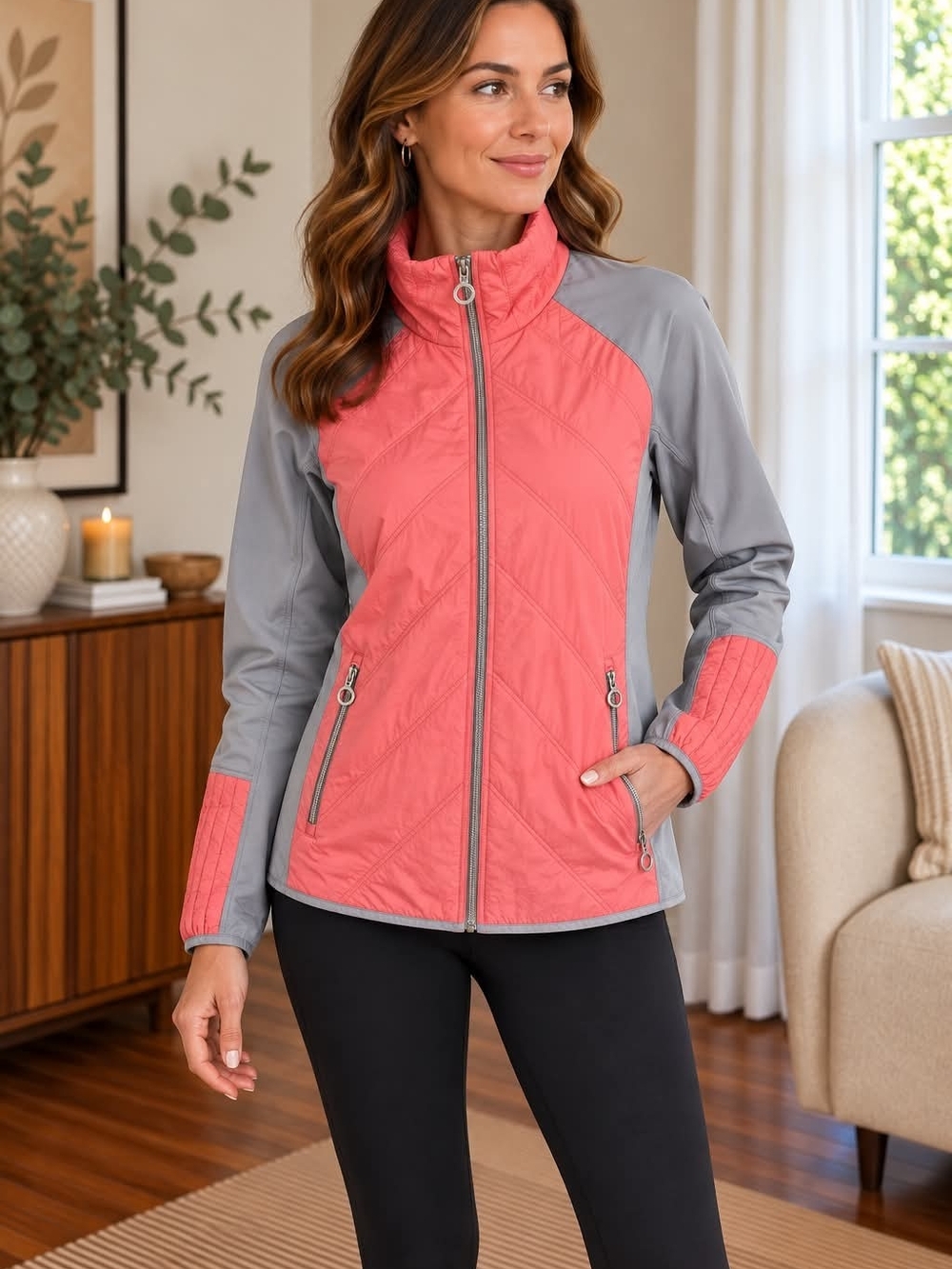 Calvin Klein Coral and Gray Quilted Zip Jacket
